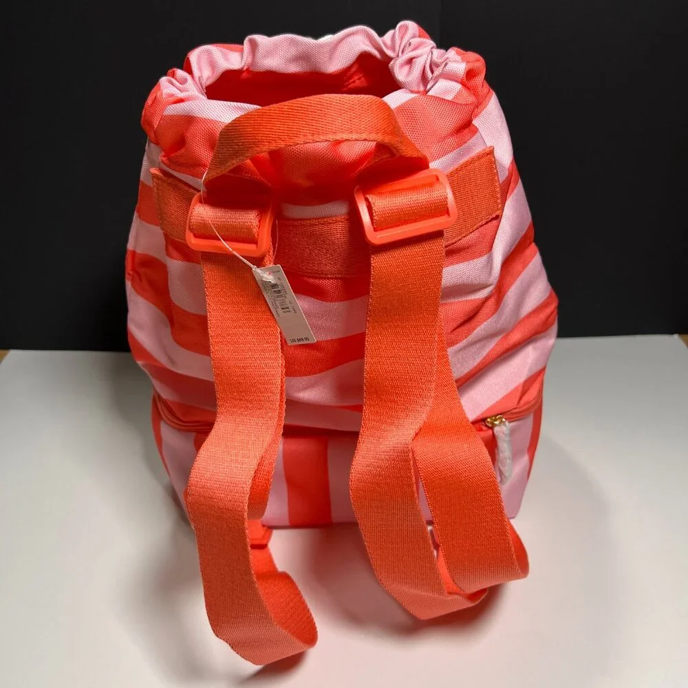 Victoria Secret Backpack Cooler Pocket Beach Bag Logo Drawstring Stripped Pink - Picture 9 of 14